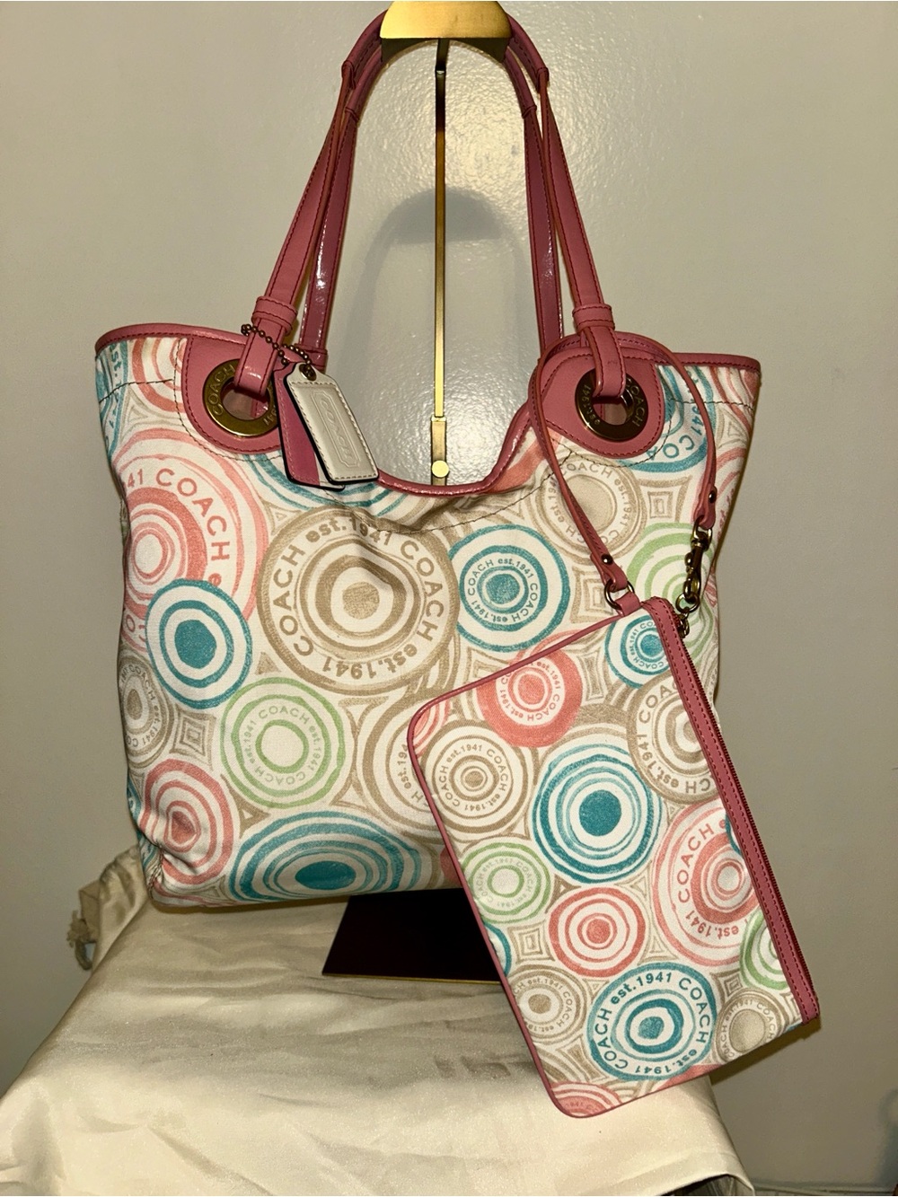 Coach Signature Nylon "The Beach" Print Tote Bag Y2K. With Matching Wristlet